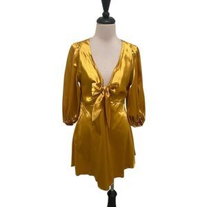 Vonda Women's Satin Bow Deep V-neck 3/4 Sleeve A-Line Dress Gold Medium NWT
